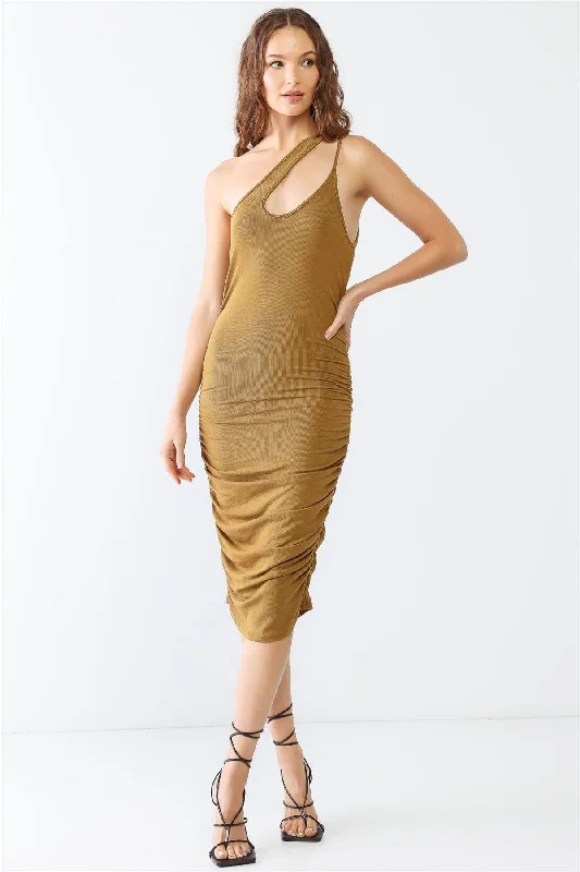 Ribbed Ruched Cut-Out One-Shoulder Midi Dress