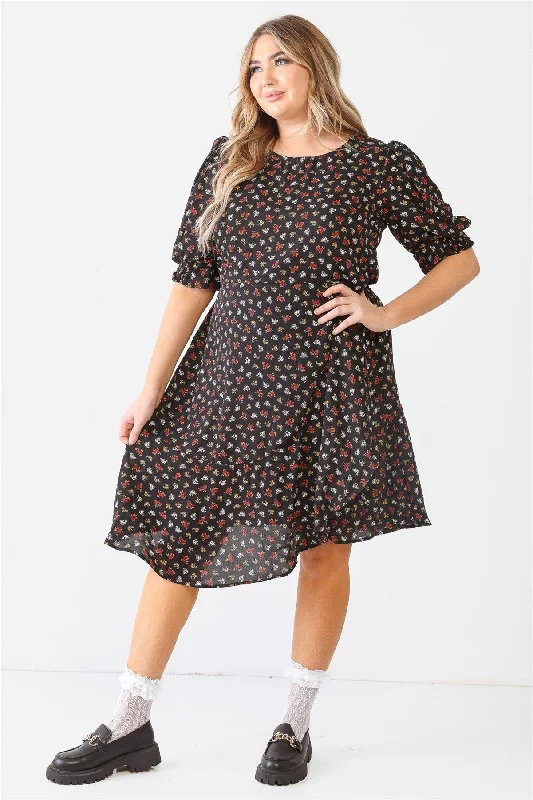 Plus Size Floral Print Belted Flare Midi Dress /1-1-1