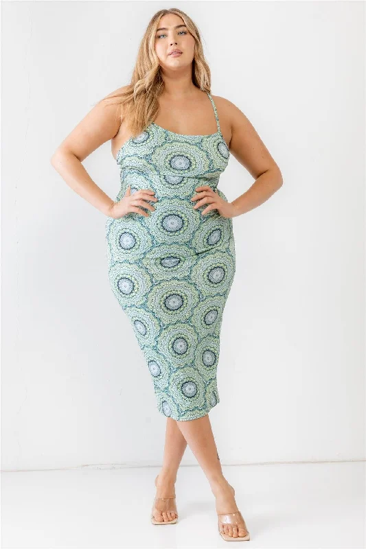 Plus Size Lime Retro Abstract Print Sleeveless Midi Dress