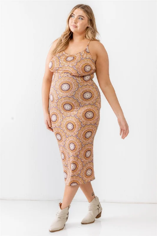 Plus Size Mustard Retro Abstract Print Sleeveless Midi Dress