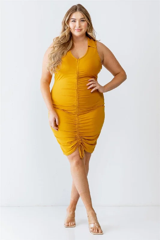 Junior Plus Mustard Elasticized Ruched Collared Neck Midi Dress /2-2-2