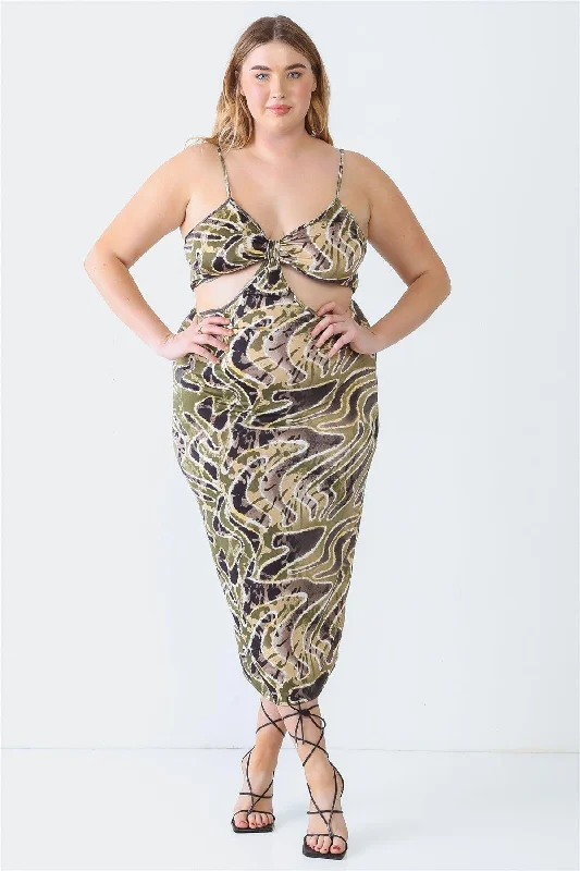 Plus Size Olive Printed Bow Cut-Out Sleeveless Midi Dress