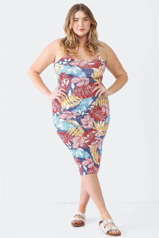 Plus Size Red Palm Leaves Print Strappy Midi Dress