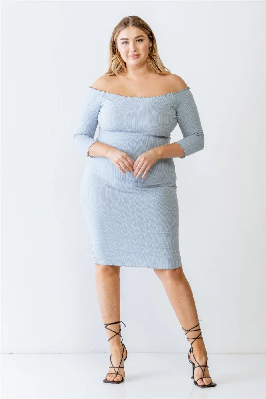 Plus Size Blue Ribbed Off-The-Shoulder Midi Dress