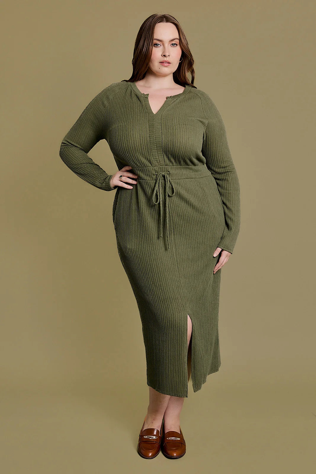 Plus Size Ribbed Drawstring Front Slit Midi Dress