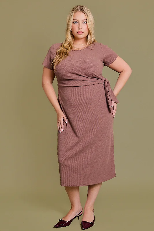 Plus Size Ribbed Waist Tie Midi Dress